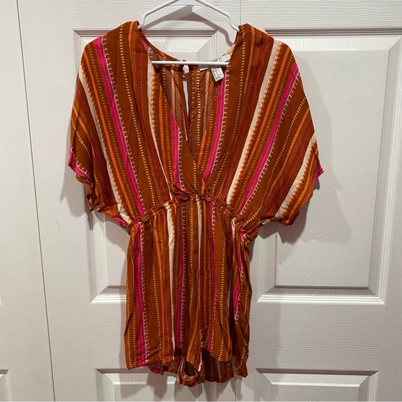 FOREVER 21 Women’s Boho Striped V-Neck Romper / Cover Up - rusty orange, size S - Picture 2 of 6